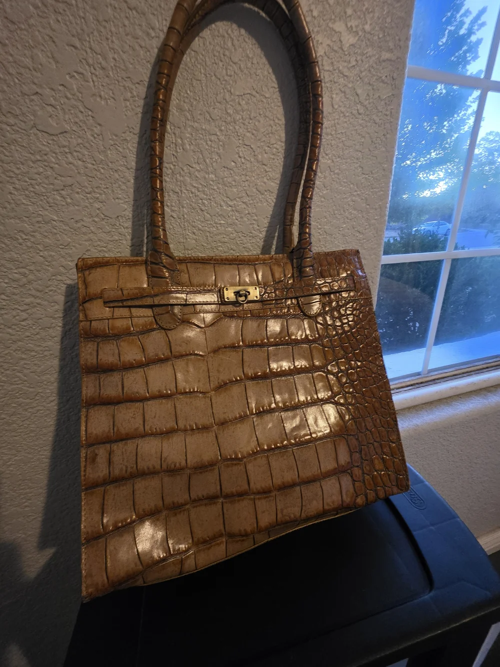 Preston & York Croc-Embossed Brown Shoulder Tote with Gold Turn-Lock
